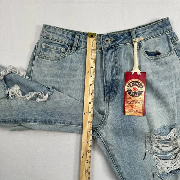 French Star Jeans Womens 9 Light Blue Girlfriend Fit High Rise Distressed NWT - Picture 8 of 12